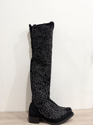 NWOT Free People Sueded Embroidered Over Knee Party Boots Black Women's Size 7.5