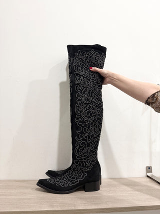 NWOT Free People Sueded Embroidered Over Knee Party Boots Black Women's Size 7.5