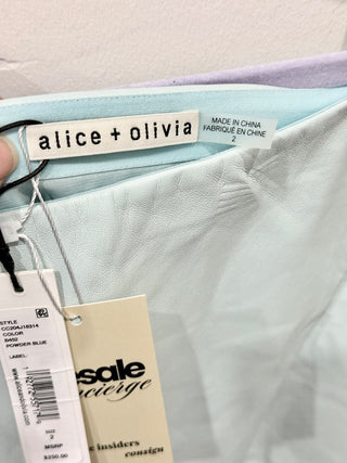 NWT Alice + Olivia Lilia Vegan Leather Crossover Mini Skirt Powder Blue Women's 2