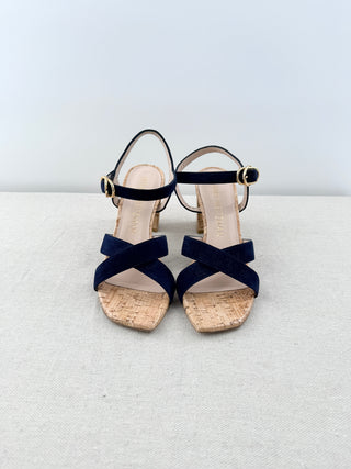 Stuart Weitzman Analeigh 75 Suede Block Heel Boho Sandals Navy Blue Beige US 9