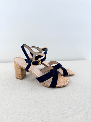 Stuart Weitzman Analeigh 75 Suede Block Heel Boho Sandals Navy Blue Beige US 9