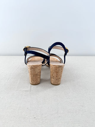 Stuart Weitzman Analeigh 75 Suede Block Heel Boho Sandals Navy Blue Beige US 9