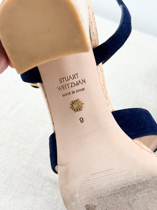 Stuart Weitzman Analeigh 75 Suede Block Heel Boho Sandals Navy Blue Beige US 9