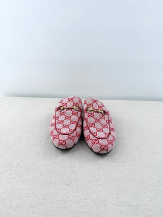 Gucci GG Logo Canvas Princetown Horsebit Flat Mules Pink Red Women's Size EU 40