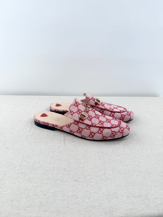 Gucci GG Logo Canvas Princetown Horsebit Flat Mules Pink Red Women's Size EU 40