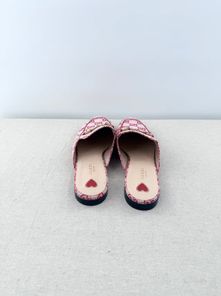 Gucci GG Logo Canvas Princetown Horsebit Flat Mules Pink Red Women's Size EU 40