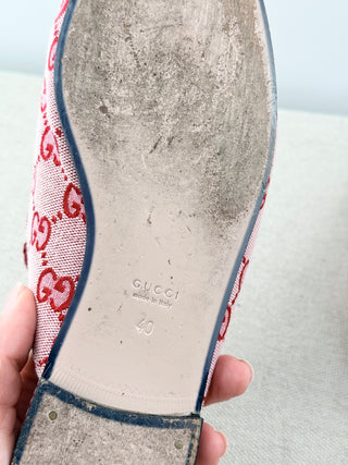Gucci GG Logo Canvas Princetown Horsebit Flat Mules Pink Red Women's Size EU 40