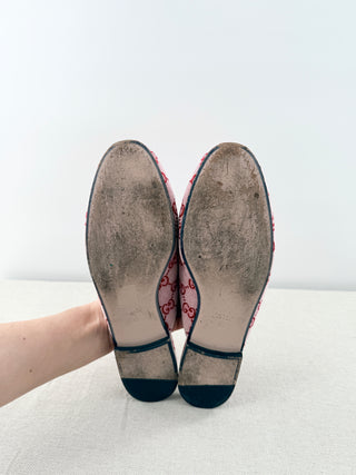 Gucci GG Logo Canvas Princetown Horsebit Flat Mules Pink Red Women's Size EU 40
