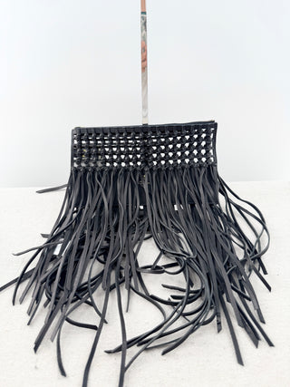 Vince Camuto Black Open Weave Bag with Cascading Fringe