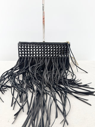 Vince Camuto Black Open Weave Bag with Cascading Fringe