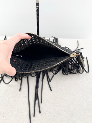 Vince Camuto Black Open Weave Bag with Cascading Fringe