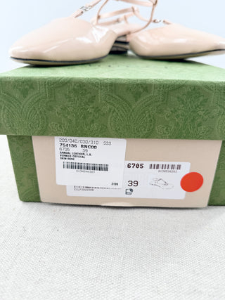 Gucci Vernice Crystal Patent Leather Double G Ballet Flat Skin Rose Womens EU 39