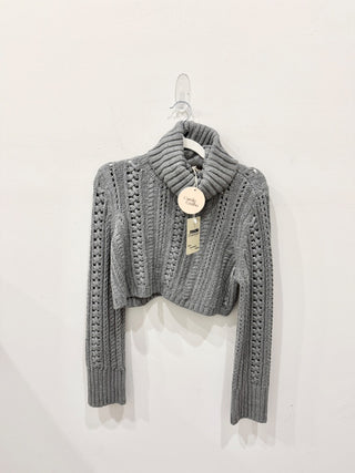 NWT Camila Coelho Daria Cable Knit Turtleneck Cropped Sweater Gray Women's XS