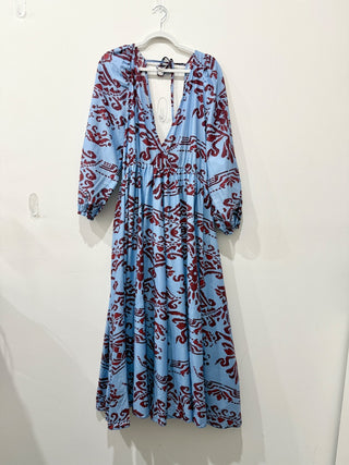 Tensione In Cotton Puff Sleeve Floral Tiered Maxi Sundress Blue/Brown Women's S