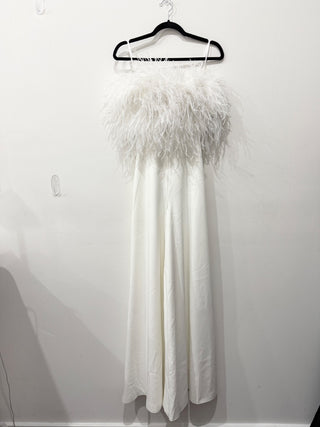 Jovani wide leg jumpsuit strapless feather trim, 00