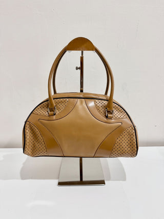 Prada SS2000 Leather Perforated Bowling Handbag Brown Women's