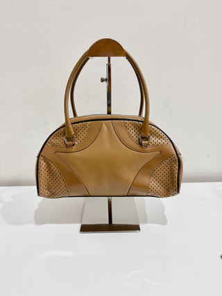 Prada SS2000 Leather Perforated Bowling Handbag Brown Women's