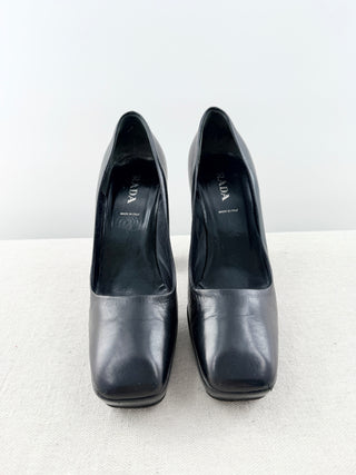 Prada block heel platform square toe pumps leather, 37.5