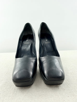 Prada block heel platform square toe pumps leather, 37.5