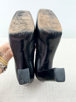 Prada block heel platform square toe pumps leather, 37.5