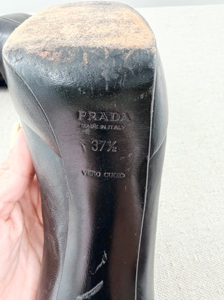 Prada block heel platform square toe pumps leather, 37.5
