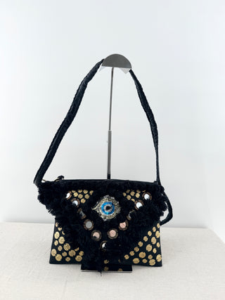 Figue suede fringe and sequin embellished bag with removable strap