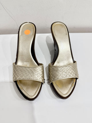 Salvatore Ferragamo Snakeskin Leather Slide Sandals Metallic Gold Women's US 7.5