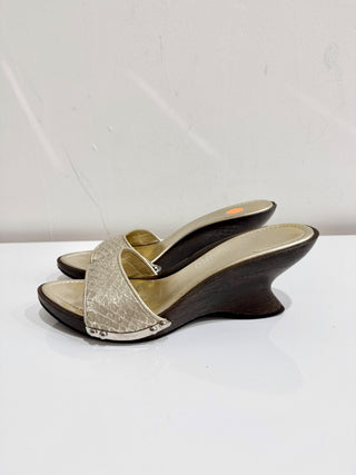 Salvatore Ferragamo Snakeskin Leather Slide Sandals Metallic Gold Women's US 7.5