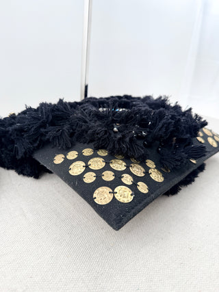 Figue suede fringe and sequin embellished bag with removable strap