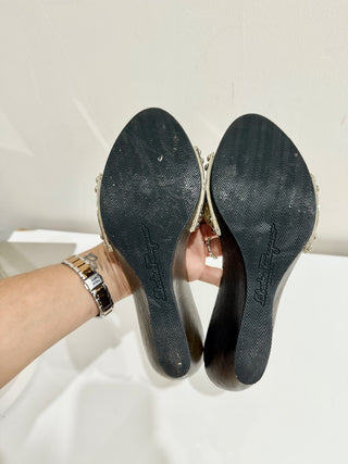 Salvatore Ferragamo Snakeskin Leather Slide Sandals Metallic Gold Women's US 7.5