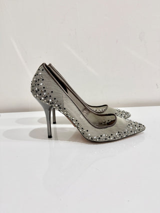 Bourne Samantha Embellished Rhinestone Mesh Pointed Pump Heels Silver Women's 38