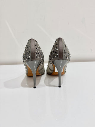 Bourne Samantha Embellished Rhinestone Mesh Pointed Pump Heels Silver Women's 38
