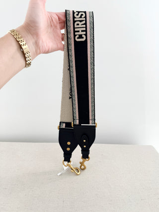 Christian Dior logo embroidered adjustable shoulder strap featuring iconic "Christian Dior Paris" logo woven throughout