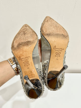 Bourne Samantha Embellished Rhinestone Mesh Pointed Pump Heels Silver Women's 38