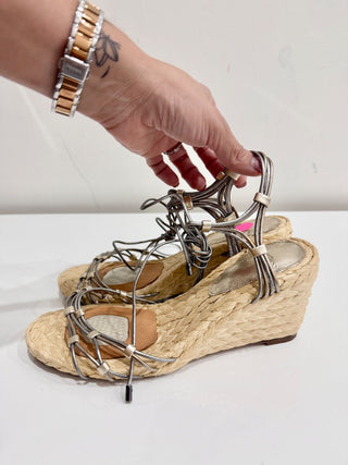 Alexandre Birman Leona Ankle-Wrap Metallic Leather Espadrille Wedge Sandals 38