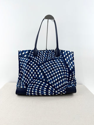 Tory Burch Ella Large Nylon and Leather Tote Shoulder Bag Blue