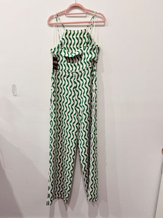 Mango Geometric Sleeveless Straight Leg Jumpsuits Green/White Women's Medium