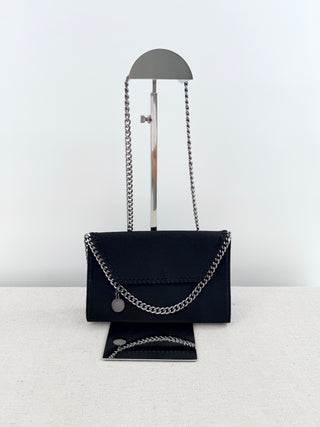 Stella McCartney faux suede mini falabella clutch bag with long strap