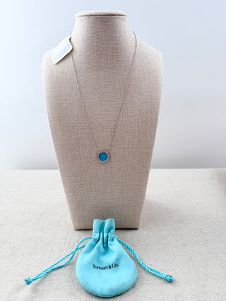 Tiffany & Co. T:diamond and turquoise circle pendant 18 k white gold necklace