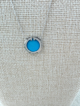 Tiffany & Co. T:diamond and turquoise circle pendant 18 k white gold necklace