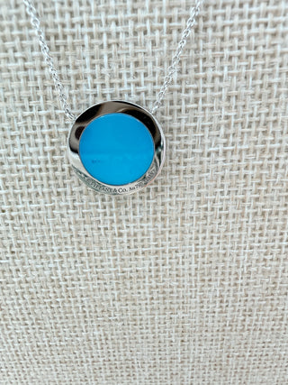 Tiffany & Co. T:diamond and turquoise circle pendant 18 k white gold necklace