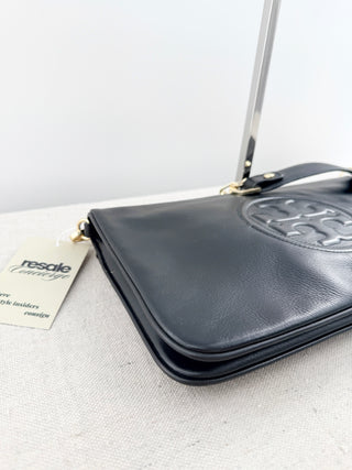 Tory Burch large flap reva clutch bag with embossed logo and short chain