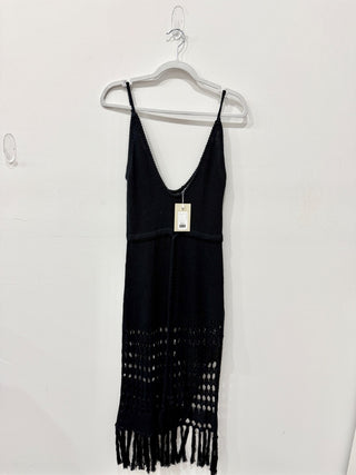 Nikkis Beach House Open Knit Crochet Cover-Up Maxi Dress w/ Fringe Trim Black XS