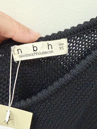 Nikkis Beach House Open Knit Crochet Cover-Up Maxi Dress w/ Fringe Trim Black XS