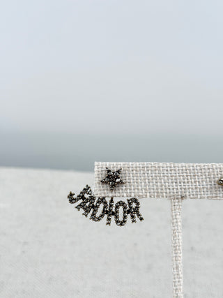 Christian Dior mismatched earring pair featuring sparkling crystal-encrusted J'Adior logo suspended from a star stud with a coordinating crystal bee stud