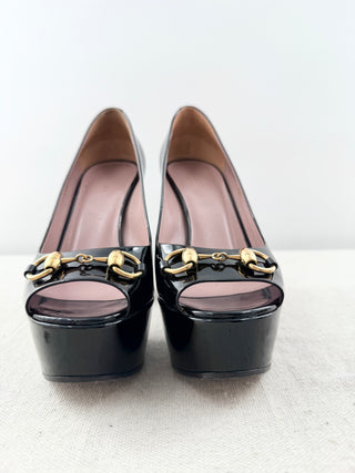 Gucci block heel patent leather horsebit pumps platform, 36.5