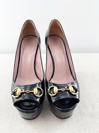 Gucci block heel patent leather horsebit pumps platform, 36.5