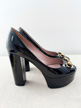 Gucci block heel patent leather horsebit pumps platform, 36.5