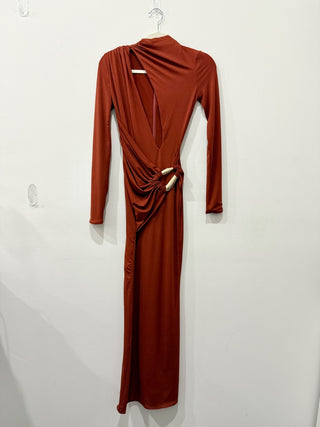 NWT PLT Label Double Layer Slinky Asymmetric Plunge Maxi Dress Rust Brown Size 0