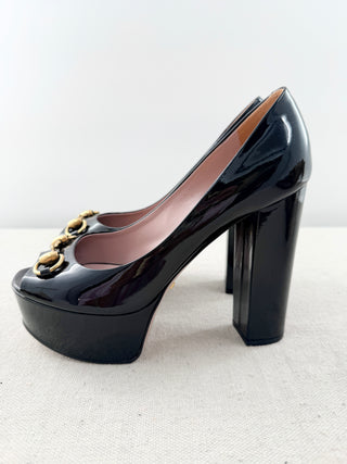 Gucci block heel patent leather horsebit pumps platform, 36.5